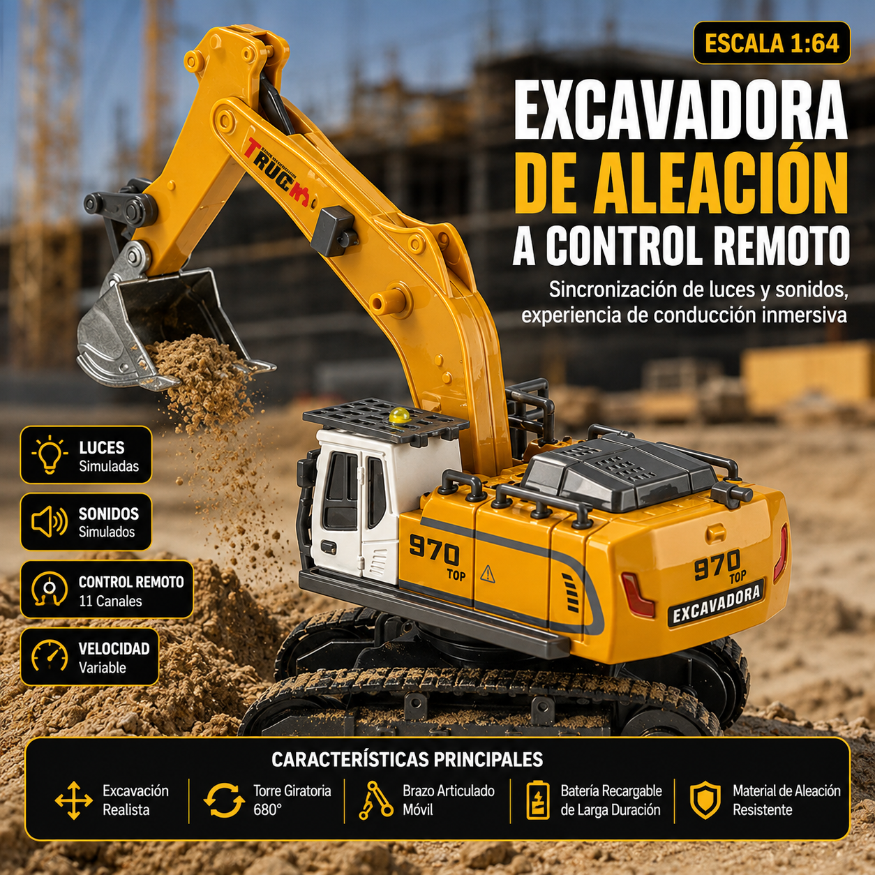 Mini Excavadora RC 1:64 Funcional
