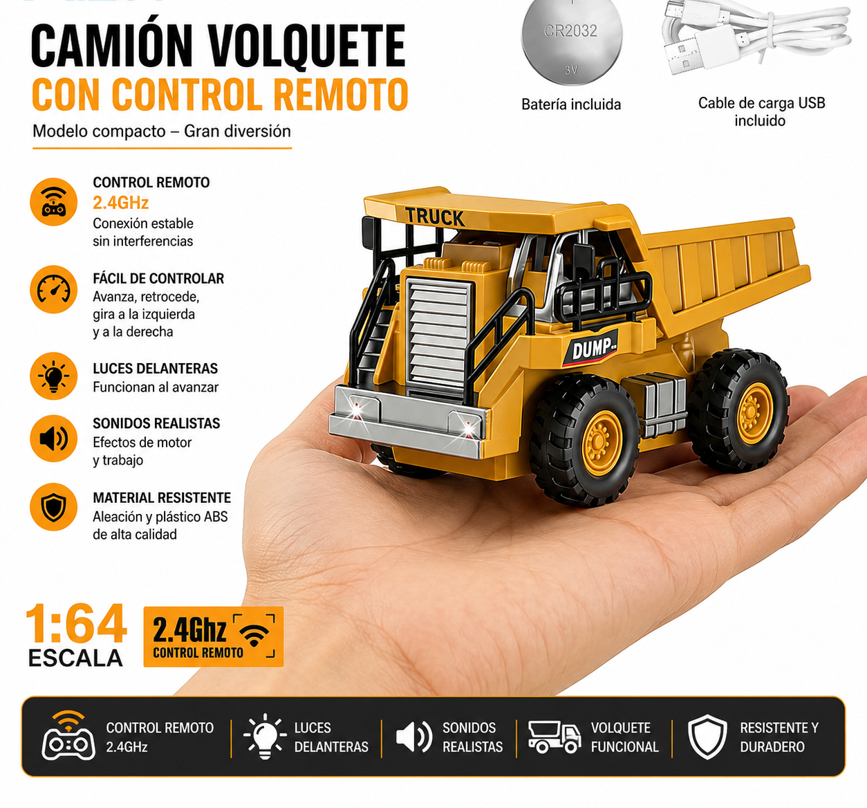 Mini Camión Volquete RC de Aleación 1:64
