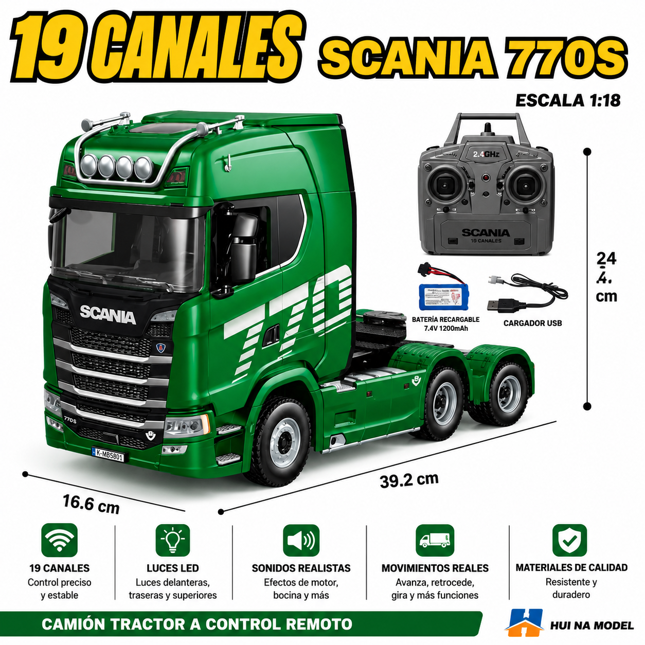 Camión Scania Verde RC Metálico Huina 1501 1:18
